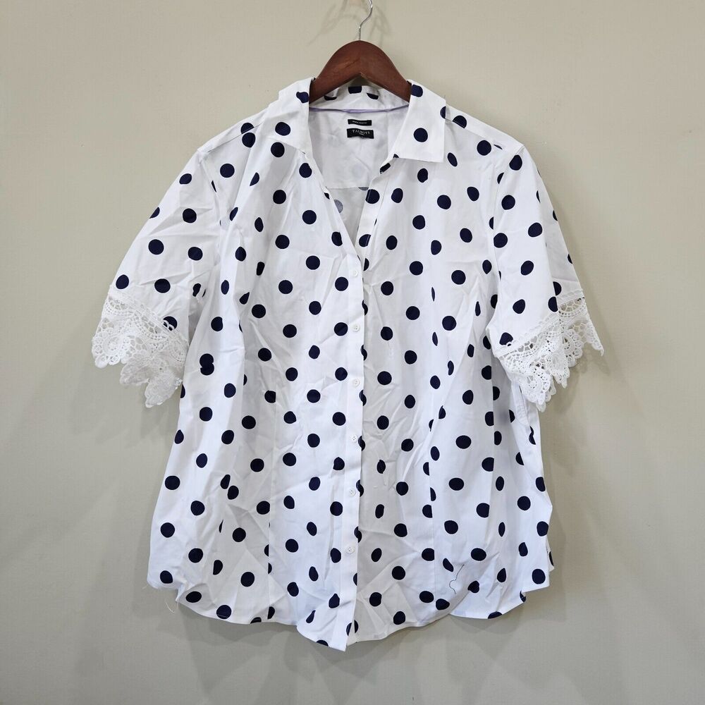 Talbots Womens Polka Dot Lace Button Up Shirt Plus Size Wrinkle Resistant Retro
